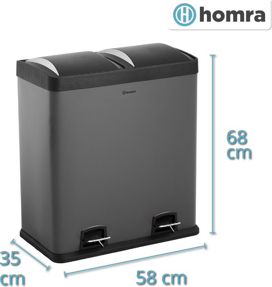 Homra NEVIQ Pedaalemmer 60 Liter - Grijze Prullenbak Afvalscheiding met 2 vakken - 2x30 L - 2-vaks Afvalemmer 60 Liter - Pedaal Vuilbak - Hygiënisch Afval scheiden - Grijze Duo Prullenbak - Dubbele Vuilnisbak