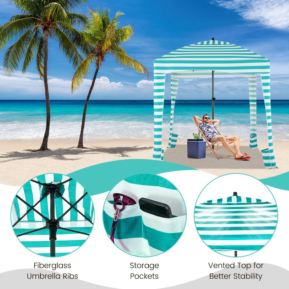 coast Strandtent — Opvouwbaar 183 x 183 x 215–240 cm Groen/Wit
