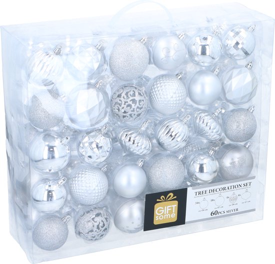 Giftsome Zilveren Kerstballen Set - 60 Kunststof Kerstballen - Incl. Zilveren Piek - Kerst Decoratie - Ø6/7 cm