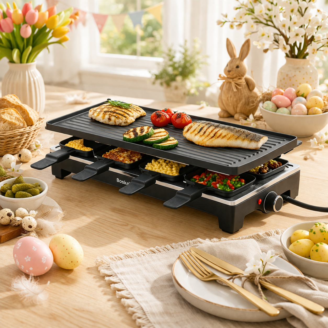 KitchenBrothers Gourmetstel - 1500W - Gourmetplaat 8 Personen - Set met Pannetjes en Spatels - 46,5 x 23 cm - Zwart