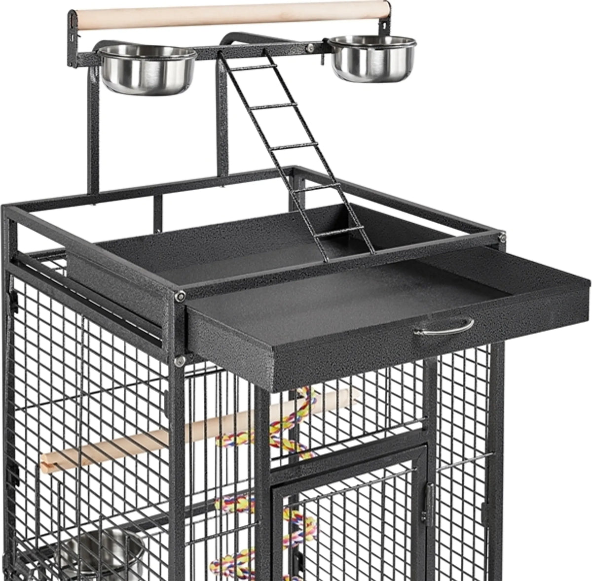 Yaheetech Papegaaienkooi Met Speelplateau – Voorzien Van Zaadvanger En Uitschuifbare Mestlades En Voerluikjes – Voor Valkparkieten En Papegaaien – Zwart Poedergecoat IJzer – 65,5 x 65,5 x 156 cm
