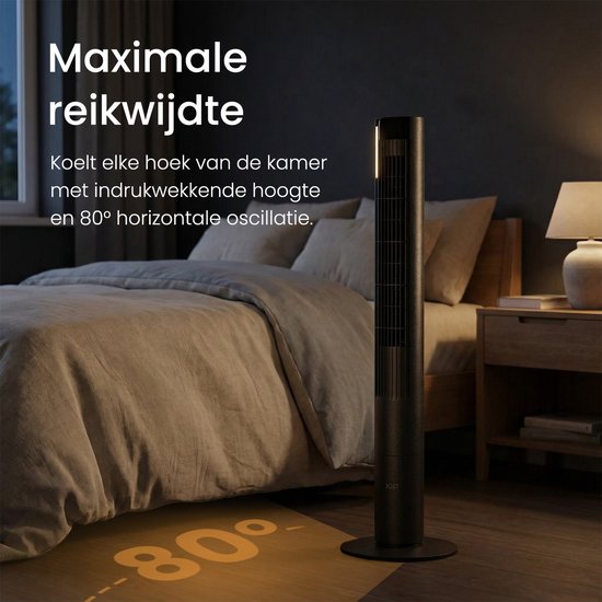 Stille Ventilator met afstandsbediening - Bladloze Torenventilator met Timer en 3 blaasstanden - Energiezuinig (60W) - Slaapkamer - Mat zwart - JAP Appliances Toronto L