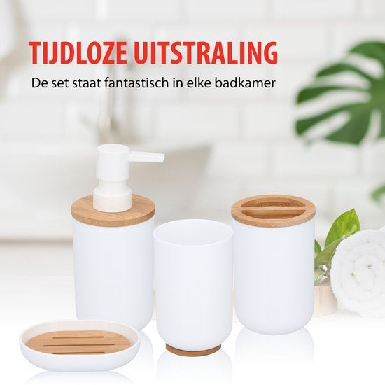 alpina Badkamerset - Toiletset - 6-Delig - Zeepdispenser - Tandenborstelhouder - Toiletborstel - Prullenbak - Zeepbakje - Beker - Bamboe - Wit