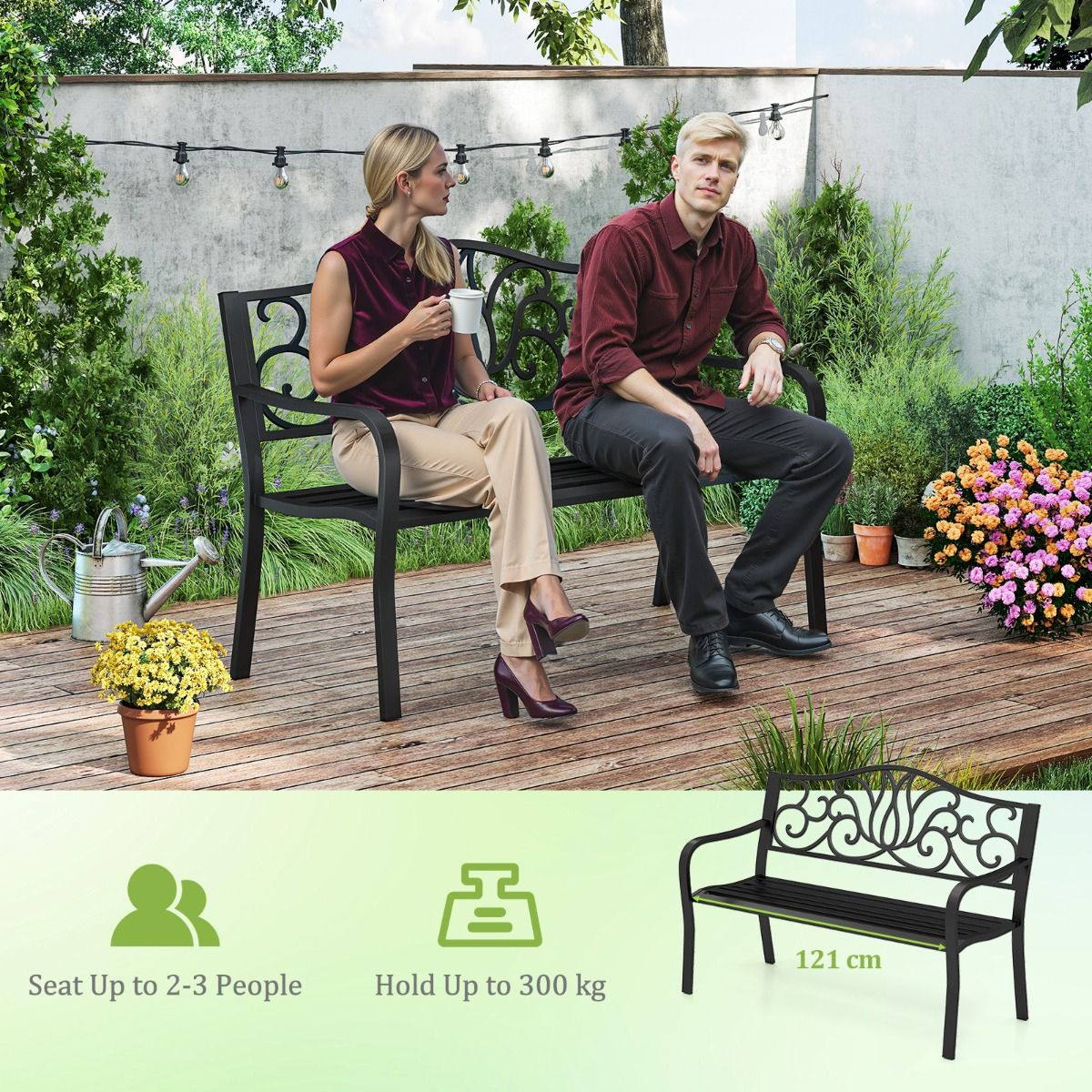 coast Tuinbank Zwart - Gietijzeren Rugleuning met Bloemenpatroon - 127 x 61 x 89 cm - 2-3 Persoons Terrasbank met Armleuningen