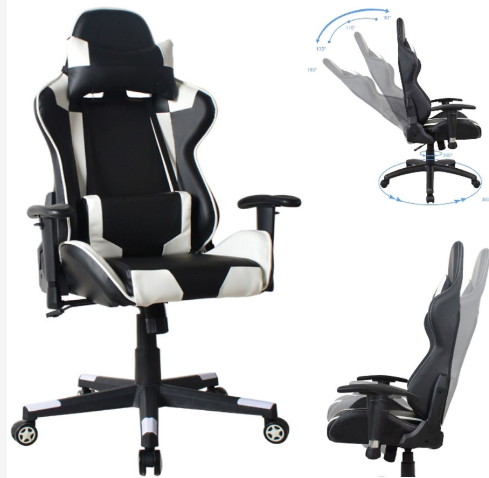VDD HUKY1010_WITZWART Gamingstoel - Verstelbare Rugleuning 180° - 360° Draaibaar - 120-130 cm - Zwart/Wit