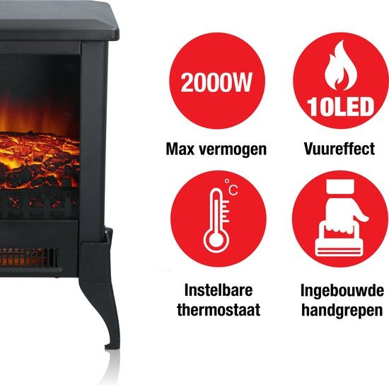 Classic Fire Elektrische Sfeerhaard Verona - Kachel 1800 en 2000W - Vrijstaande Haard - LED Vlammen - Zwart