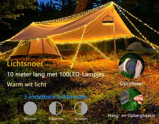 Tech Essentials Solar Camping Lichtsnoer - 100LEDs - 10M - Warm-Wit Licht - Tentlamp - USB-Oplaadbaar - Met Afstandsbediening - Oprolbaar - Kampeerlamp - Zonneenergie Hanglamp - Nood
