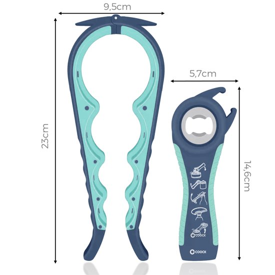 COOCK - Allesopener - Multifunctionele Opener - 7-in-1 Potopener - Keuken Hulp - Flesopener - Bieropener - XL Dekselopener voor potten - Pottenopener - Hulpmiddelen voor Ouderen - Blauw