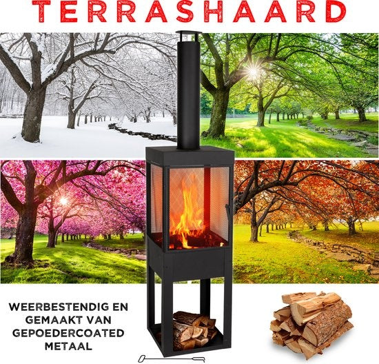 BBQ Collection Tuinhaard met Schoorsteen - Houtopslag - 194 x 44 x 47 cm - Carbon Staal - Zwart