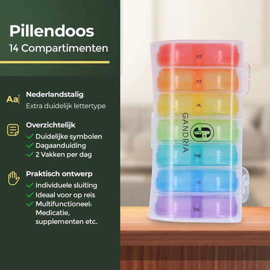 Gandria Pillendoos 7 Dagen - Uitneembaar Pillendoosje - Medicijndoos met 14 Compartimenten - Medicijndoos met Stevige Sluiting - 2 Vakken per Dag - 7 Kleuren