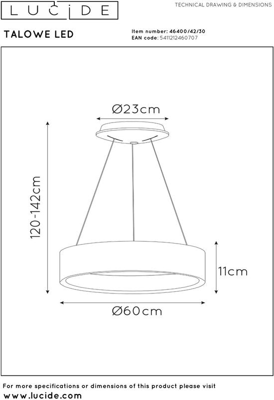 Lucide TALOWE LED - Hanglamp - Ø 60 cm - LED Dimbaar - 1x39W 3000K - Zwart