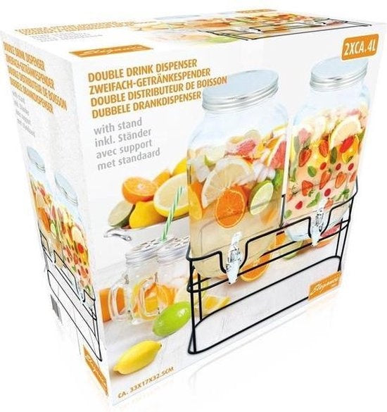 Merkloos Elegante dubbele drankdispenser 2x 4 liter Inclusief standaard 33x17x32cm