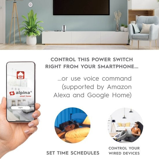 alpina Smart Home - Slimme Schakelaar - 230V/10A - Montage in Kabel - Tijdschema's Instellen - alpina Smart Home App - Google Home - Amazon Alexa