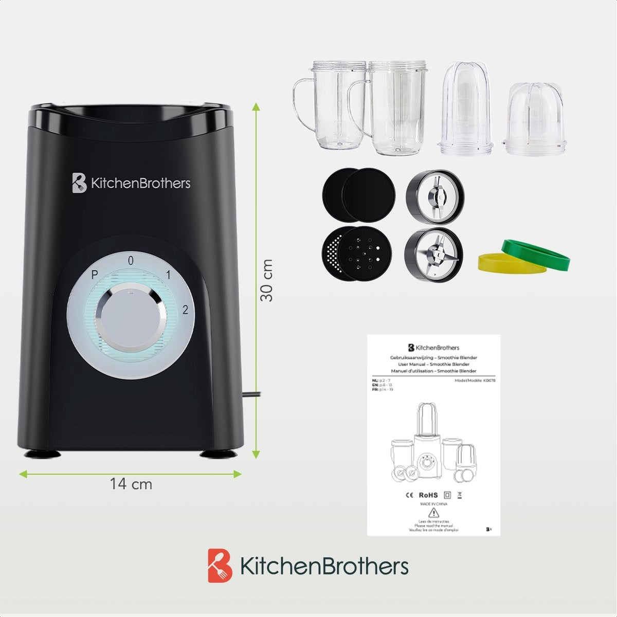 KitchenBrothers Smoothie Blender  2-in-1 - 4 Bekers Mini Blender To Go  Mini Blender  Zwart