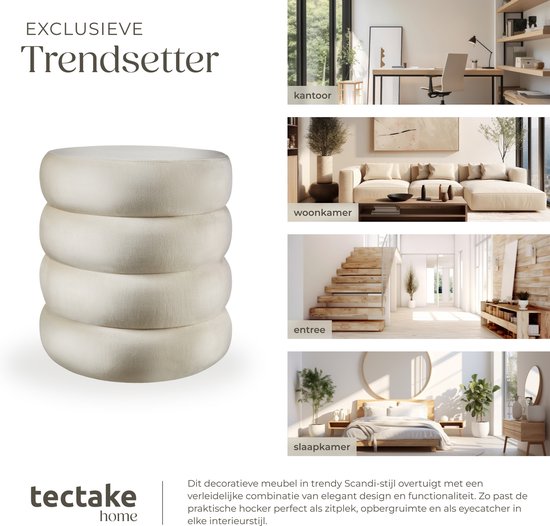 tectake® Kruk met opbergruimte - Scandi kruk fluweelstof - Ronde gestoffeerde poef voor kaptafel, slaapkamer, woonkamer of als halmeubel - Opbergkruk - creme