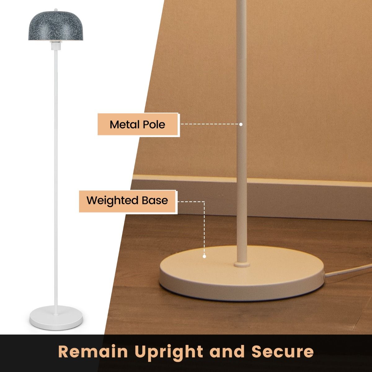 Coast Vloerlamp 146 cm Grijs-Wit met Kap en Voetschakelaar – Moderne Staande Lamp met Verzwaarde Voet en E27 Fitting