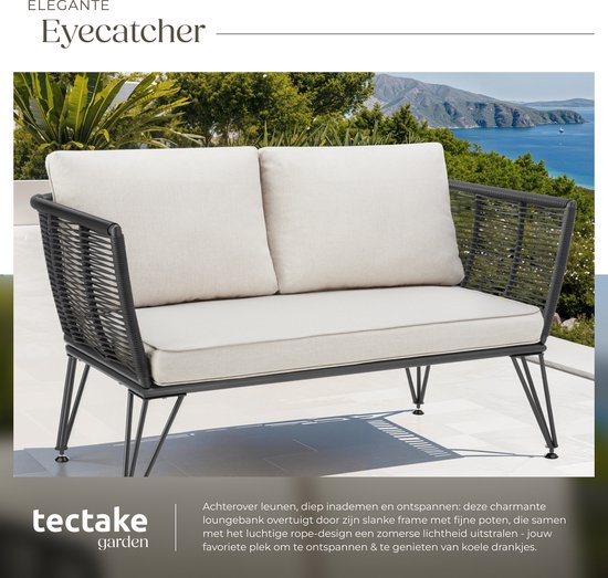tectake® Wicker loungebank - Compacte tuinbank met dikke kussens - Ideaal voor balkon, tuin of terras - Stijlvolle en comfortabele loungebank voor buiten - Rope-design