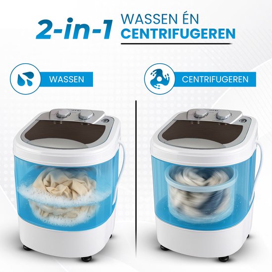 Vonia Mini Wasmachine - Kleine wasmachine - Met centrifuge en bovenlader - Wascapaciteit 2,6 kg - Energiezuinig - Wit/Blauw