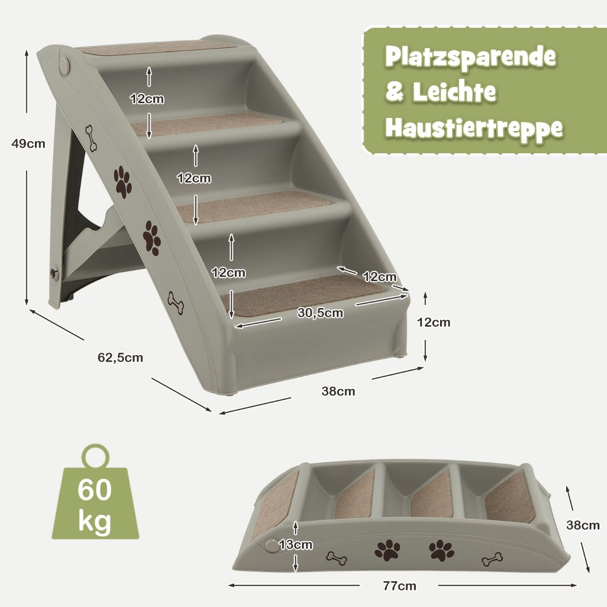 Coast Pet trappen met 4 stappen draagbare klimladder veilig honderd helling 62,5 x 38 x 49 cm grijs