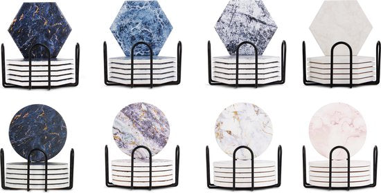 Castagnola Keramische Onderzetters met Houder – Onderzetters voor Glazen – Onderzetters Design – Onderzettersset – Drink Onderzetters – Keramisch – Kurk – Set van 6 – Roze/Wit