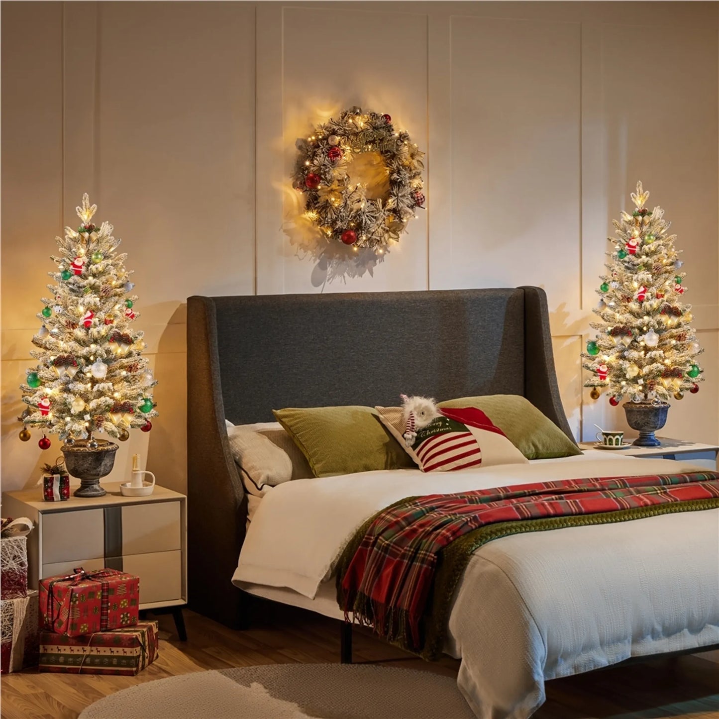 Yaheetech Tafelkerstboom Met Sneeuw En Verlichting – Φ55 x 92 cm – Voorzien Van 355 Takken En 50 LED-Lampjes En Realistische Boomstam – Voor Vensterbank En Buiten – Groen PVC En Metaal