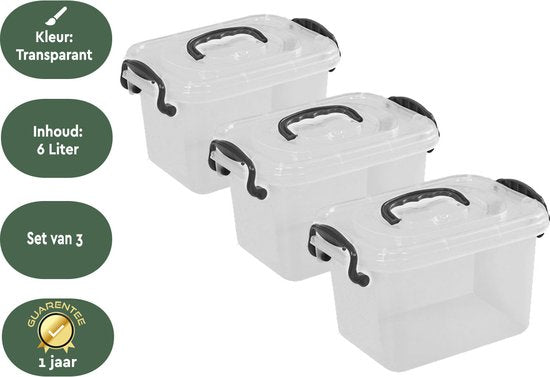 BRASQ Opbergbox 6 Liter - Set van 3 - Plastic Opbergbox - Transparant - Opbergbak - Opbergdoos met deksel
