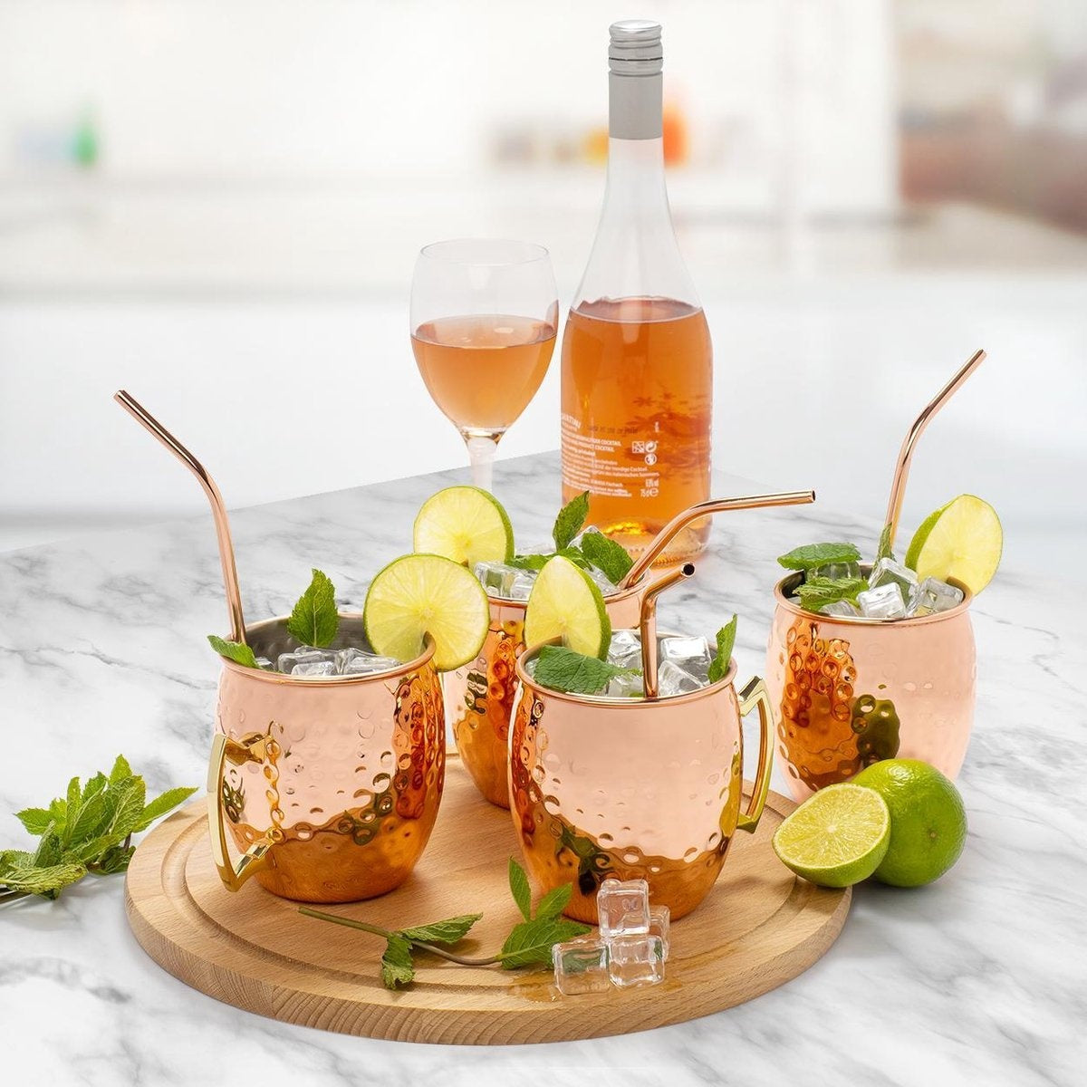KitchenBrothers Moscow Mule Bekers - Cocktailglazen met Rietjes - 4 Stuks - Verkoperd - 500ML