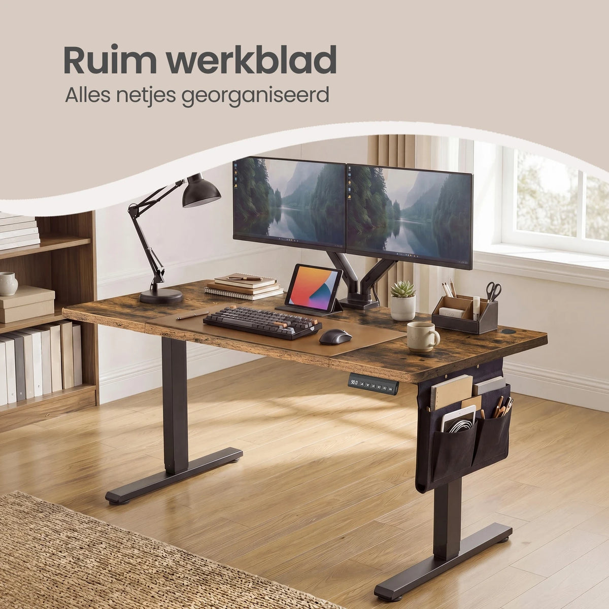 Joyfurnos Elektrisch Zit-Sta Bureau 140 x 60 cm - In Hoogte Verstelbaar met Geheugenfunctie - USB-C - Bruin