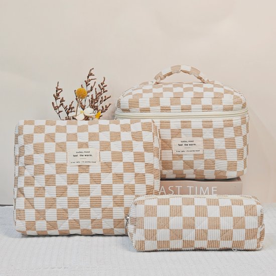 SC Travel Essentials - 3-delige Make-up Tas Set - Eco-vriendelijk Katoen - Gewatteerde Gebloemde Organizers - Ruim, Duurzaam en Ideaal voor Reizen