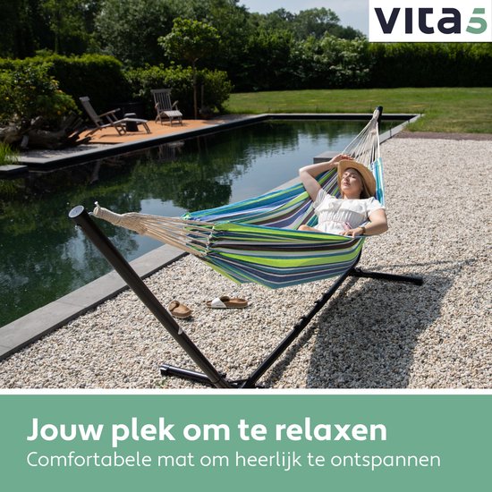 Vita5 Hangmat met Standaard 2 Persoons - Blauw/Groen - Draaggewicht 205 kg - Verstelbare Lengte - Incl. Draagtas