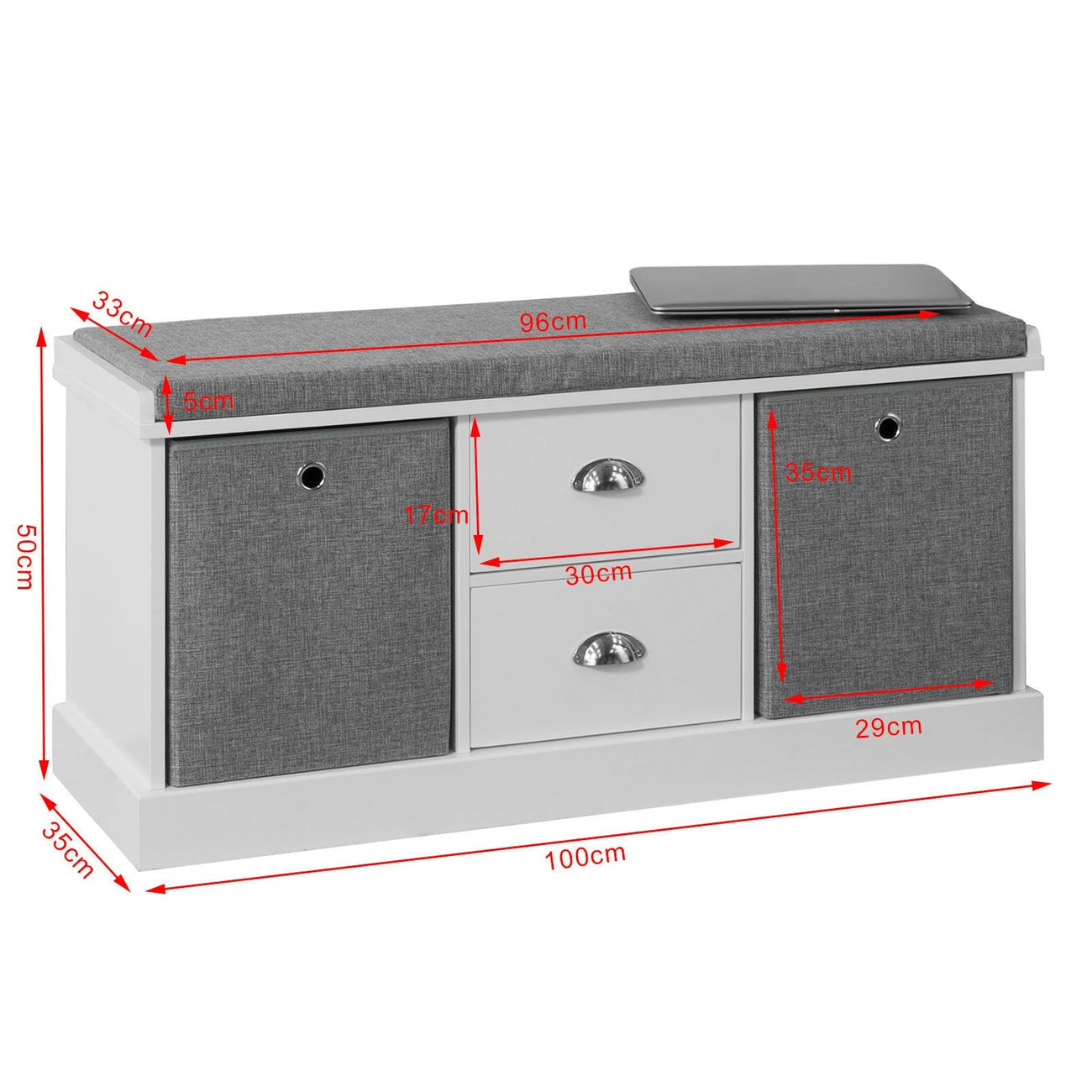 SoBuy Schoenenbank met zitkussen - 4 Lades - 108 x 20 x 41 cm - Grijs/ Antraciet