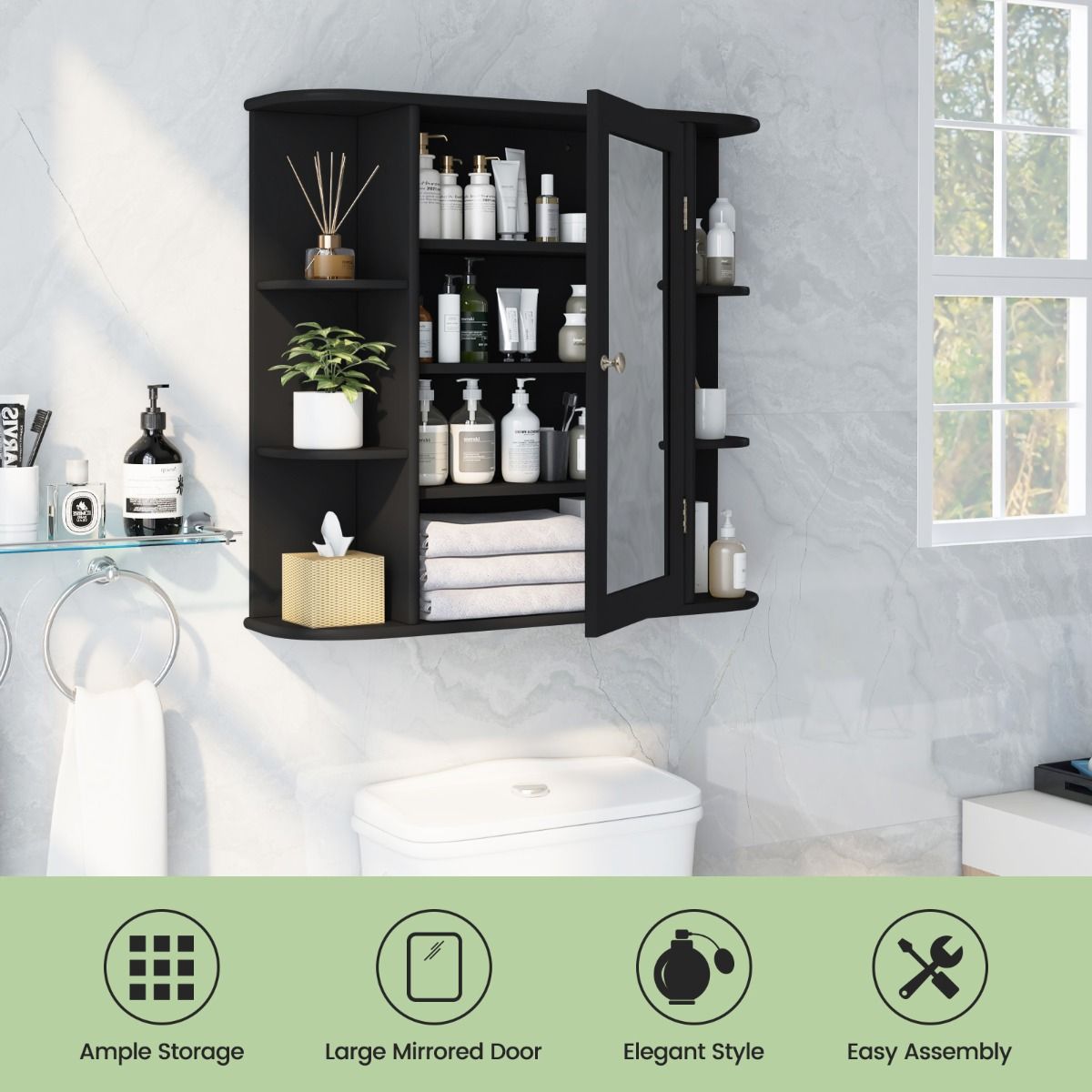 coast Spiegelkast Badkamer – 66×17×62 cm – Zwart – Wandkast met Spiegeldeur & Open Planken