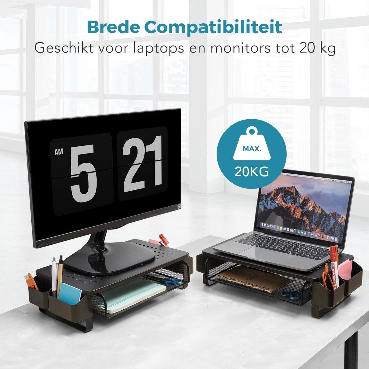 LifeGoods Monitorstandaard - Monitor Verhoger - Beeldscherm Verhoger - Verstelbaar - 37 x 23,5 x 10 cm - Metaal - Zwart