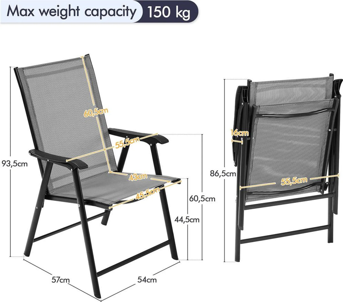 Tuinstoelen Set van 2 Opvouwbaar met Armleuningen en Hoge Rugleuning Texteline Grijs