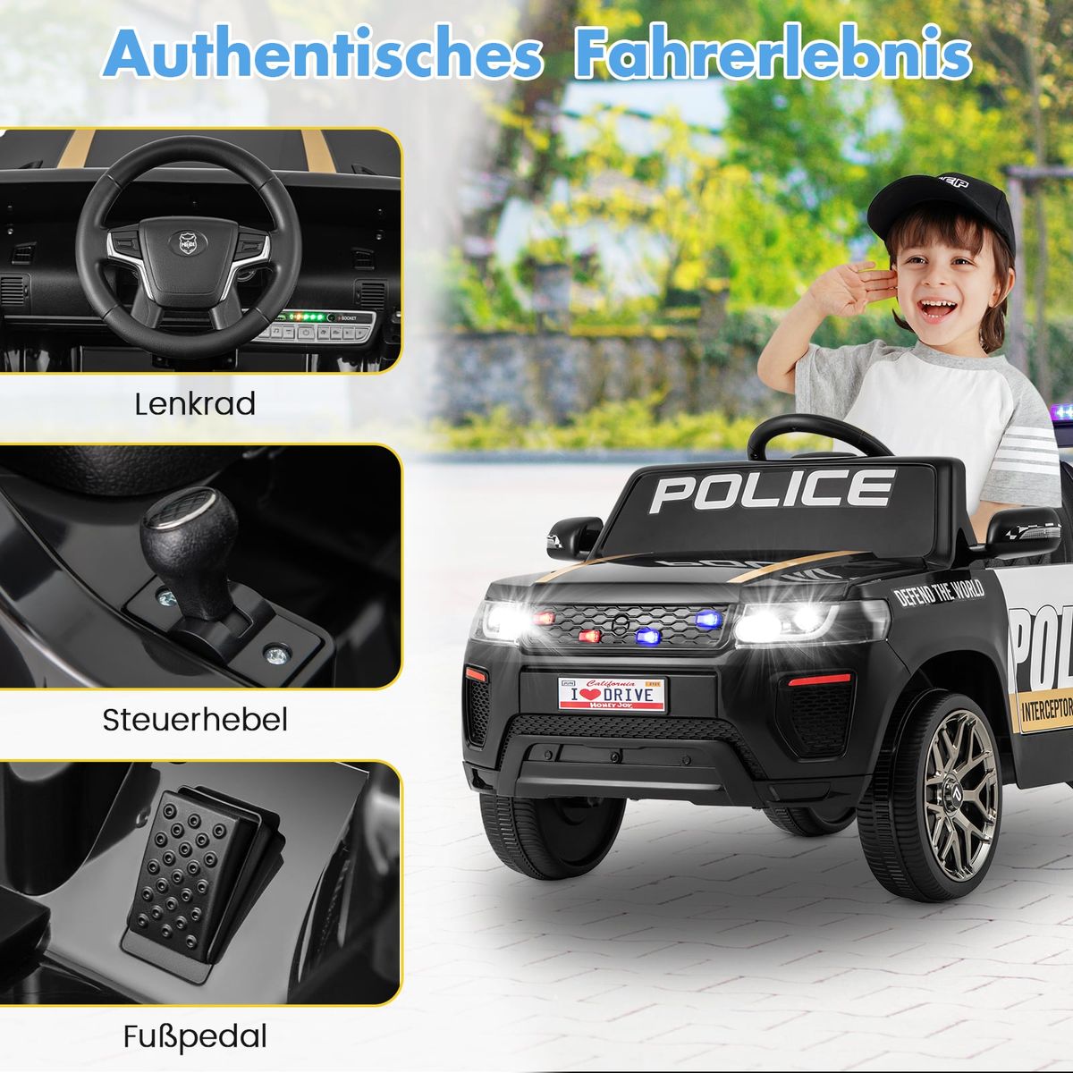 Coast Elektrische Kinderpolitieauto - met afstandsbediening - sirene en LED-verlichting - zwart