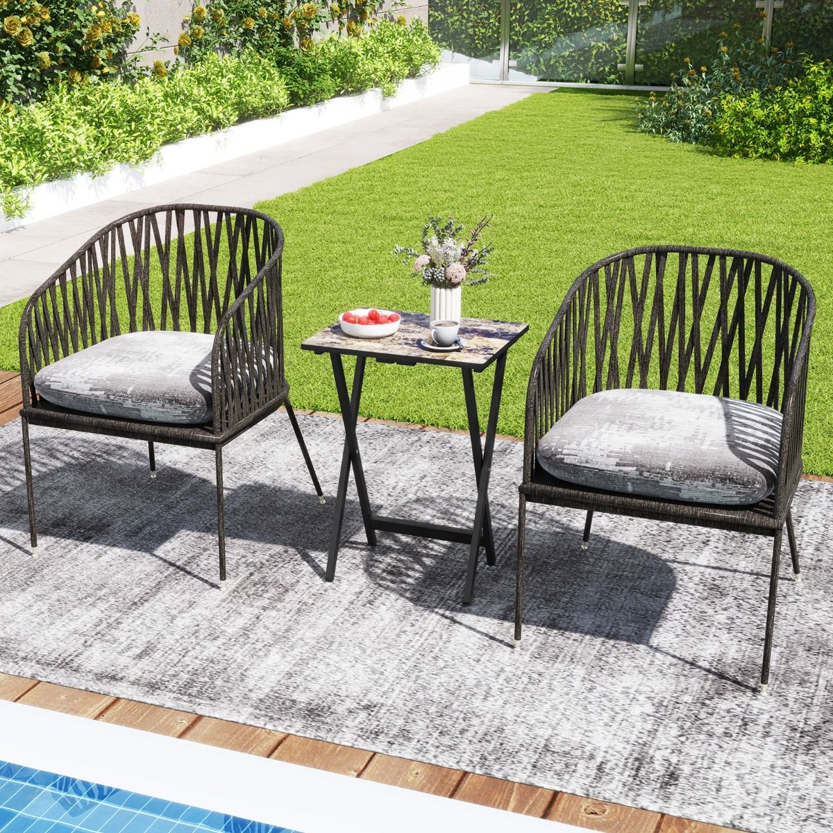 Coast 4-delige Klaptafelset TV-Snacktafel - Inklapbaar, Met Opbergstandaard, Marmerlook - 48 x 40 x 67 cm - MDF/Rubberhout - Zwart