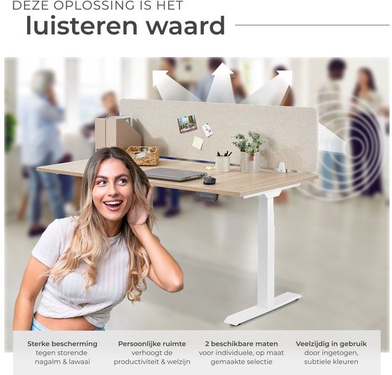tectake® Bureauscherm scheidingswand Noisy - Met geluidsabsorberende PET-kern - Inclusief 2 bevestigingsklemmen - Afmeting (LxB) 130 x 40 cm - Beige