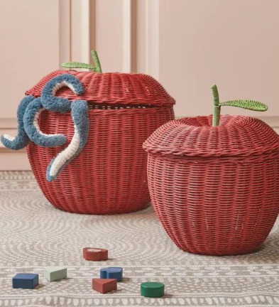 Mica Decorations Opbergmanden Appelvorm Set van 2 - Rood/Groen - Ø30 x H48 cm en Ø15 x H25 cm - Rotan