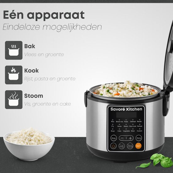 Savoré Kitchen Rijstkoker met Stomer – 3L – 14 Programma’s – Multicooker – Rice Cooker – Slowcooker – PFAS Vrij – Zwart RVS