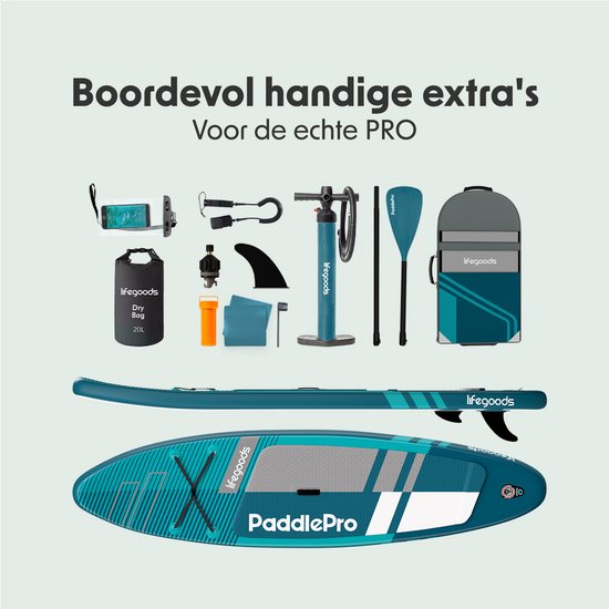 LifeGoods PaddlePro SUP Board Pro - Pro Set - Opblaasbaar Paddle Board - Max. 150KG - 320x81cm - Diep Aqua