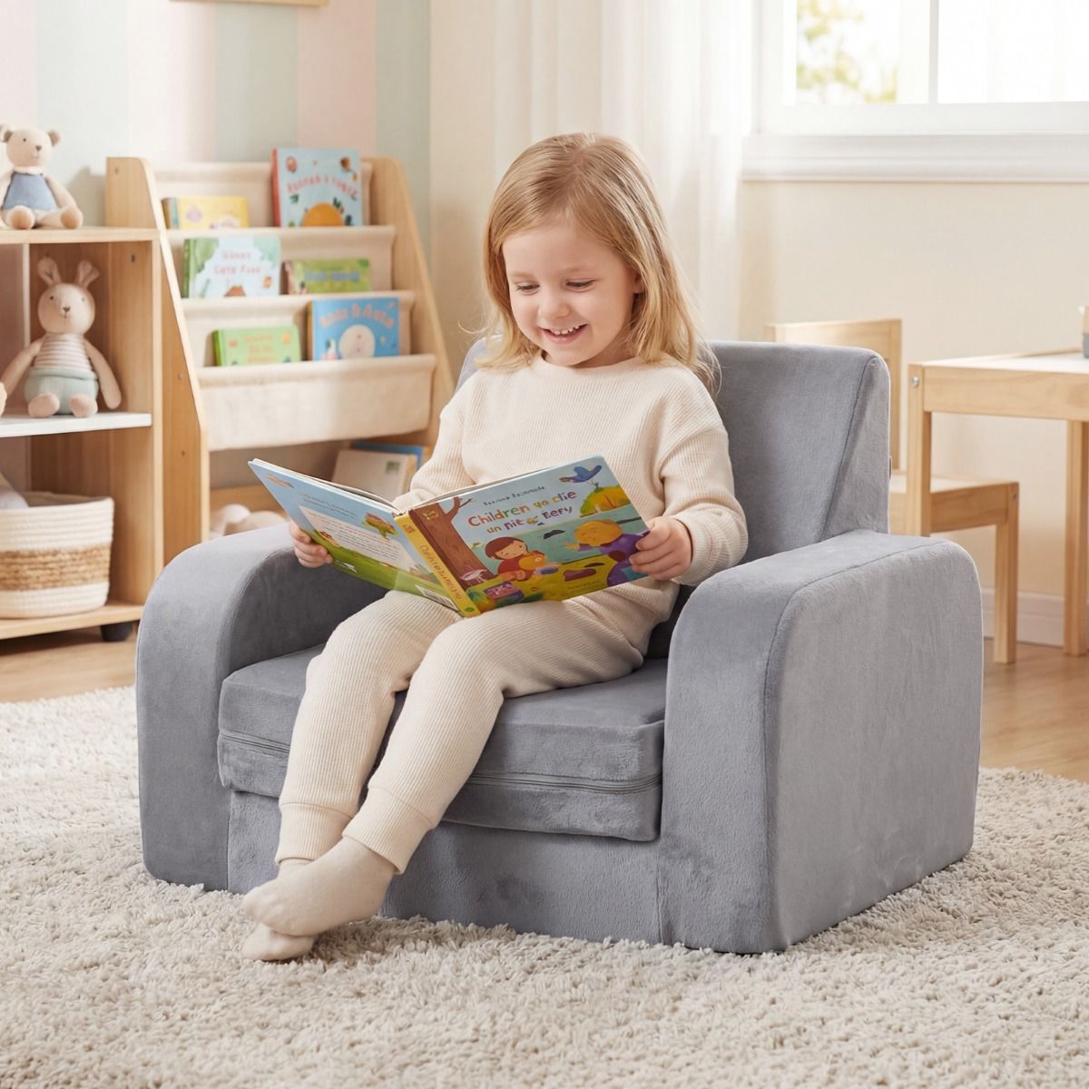 Coast Uitklapbare Kinderbank - 3-in-1 Kinderbank, Loungestoel en Kinderbed - Ultrazacht kristalvelours - Grijs