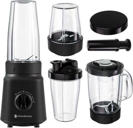 KitchenBrothers Blender - Complete Set - 2x 750ml Kan - Grinder - Stamper - To-Go Bekers - Zwart