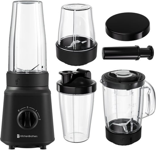 KitchenBrothers Blender - Complete Set - 2x 750ml Kan - Grinder - Stamper - To-Go Bekers - Zwart