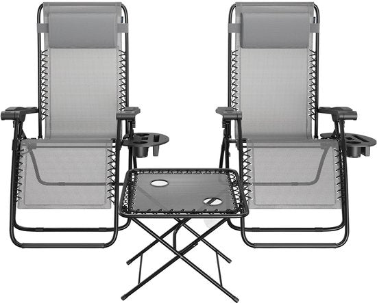 LifeGoods Ligstoelen - Opvouwbaar - Complete set - Met Bijzettafel - 30°-90° Verstelbaar - Tuinstoelen - Metaal - Grijs