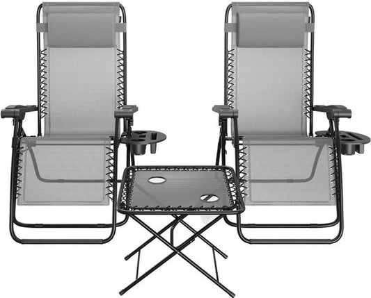 LifeGoods Ligstoelen - Opvouwbaar - Complete set - Met Bijzettafel - 30°-90° Verstelbaar - Tuinstoelen - Metaal - Grijs