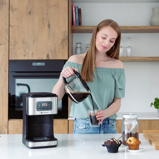 KitchenBrothers Koffiezetapparaat - Filterkoffie - met Glazen Kan - 12 Koppen - Zwart/RVS