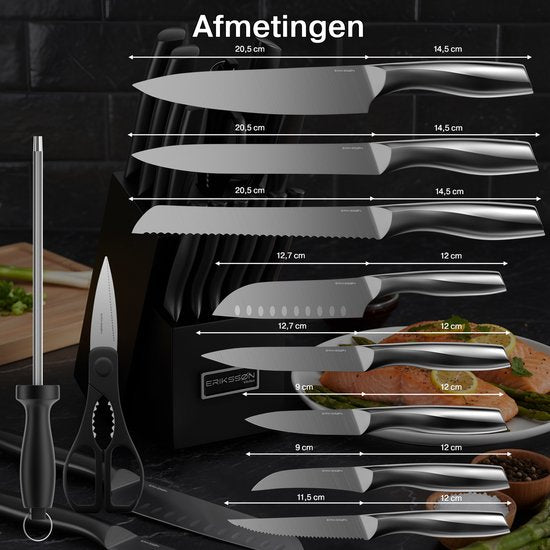 Erikssøn Kitchen Messenset Met Keukenblok - 16 Delig - Krasbestendig - Keukenmessen - Koksmes - Vleesmes - Zwart