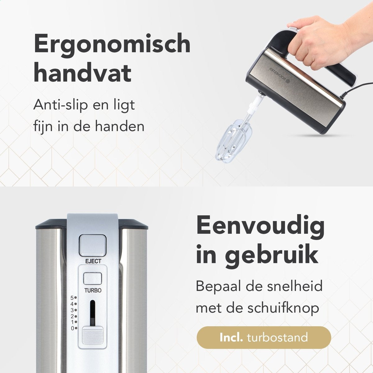 Rochester handmixer met mengkom - Keukenmachine - 5 Snelheden - Mixer Turbo - Incl. Kloppers, Deeghaken - RVS