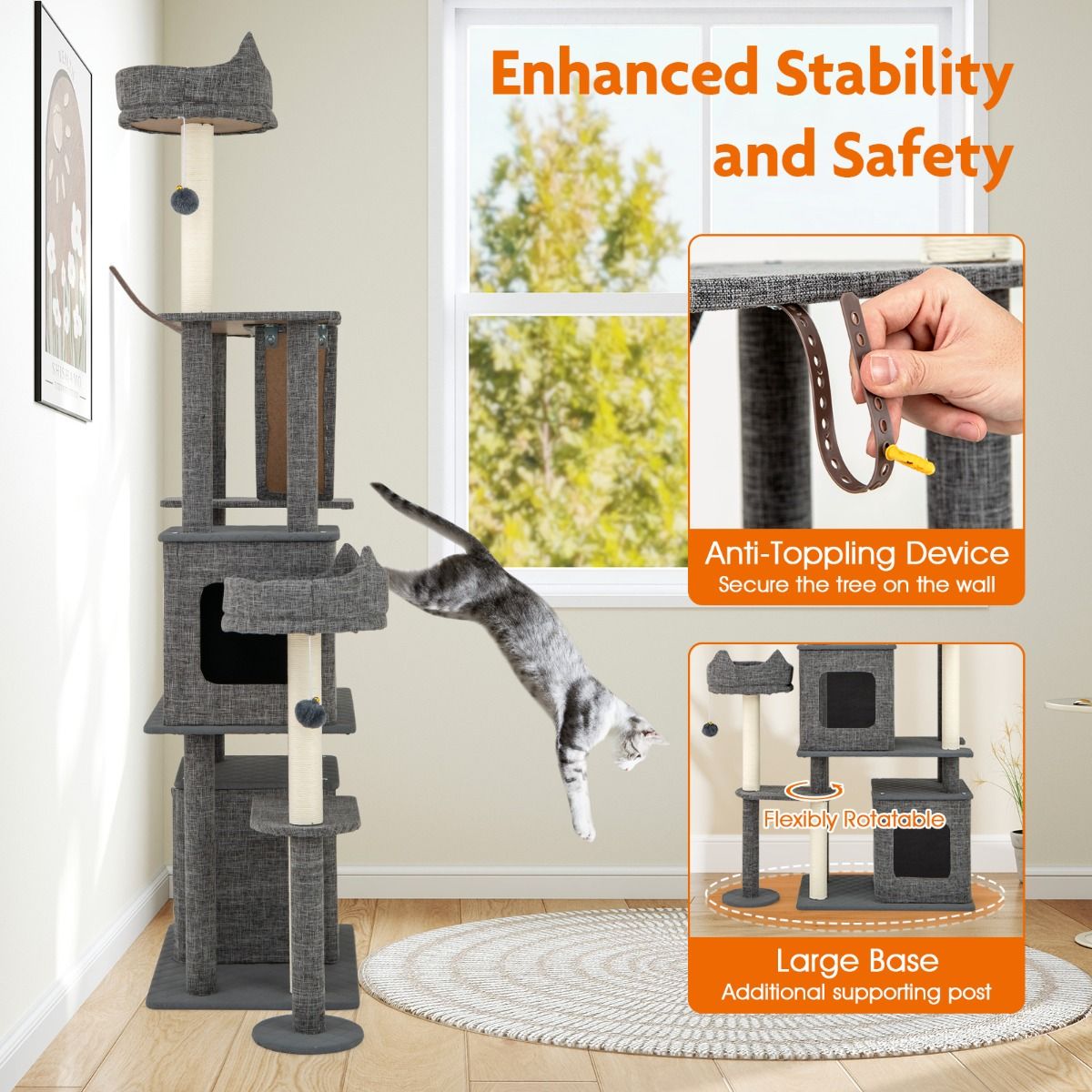 Coast Krabpaal Kattenboom - 2 kattenhuisjes - speelplatforms en kattenbed - grijs - 180 cm