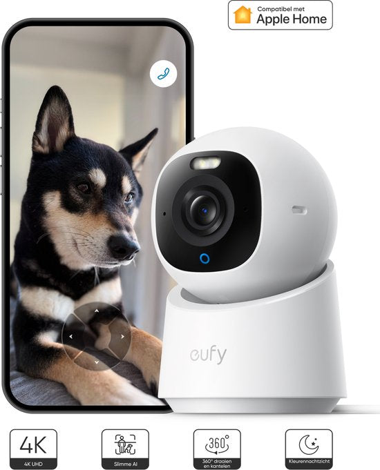 eufy Security Indoor camera E30 - Indoor Cam - Huisdiercamera met app - Petcam - 4K UHD - Pan & Tilt - AI Mens - en Huisdierdetectie - Kleurennachtzicht - Compatibel met Apple HomeKit - Tweewegcommunicatie - Lokale Opslag - Geen Abonnementskosten